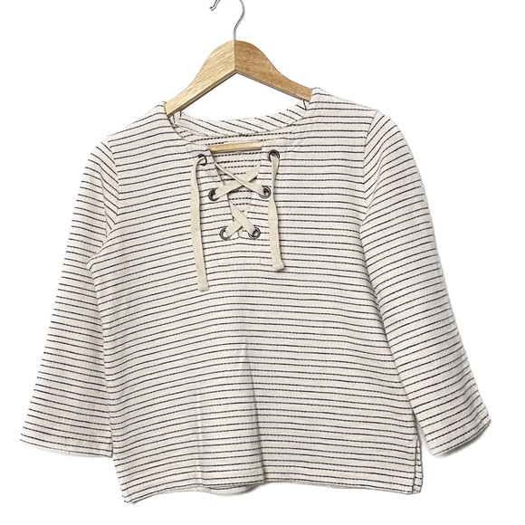 Madewell XS Striped Lace Up Boxy Fit Nautical Vibe Top Soft Terry Cotton Cream - Picture 3 of 9